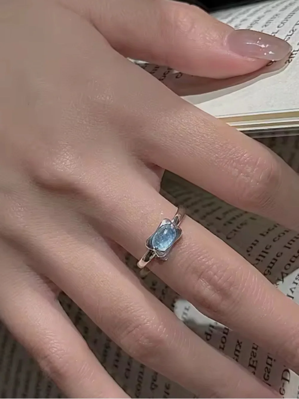 925 Sterling Silver Vintage Dainty light Blue Gemstone Clean Girl Open Ring